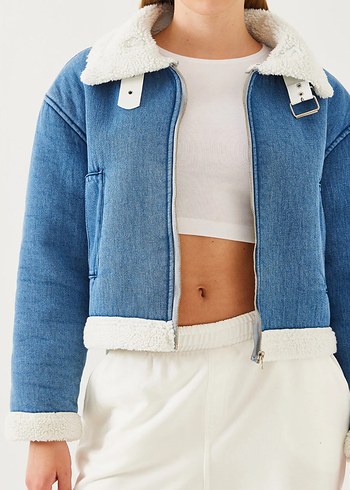 Kürk Detaylı Mavi Denim Kadın Ceket - Görsel 4