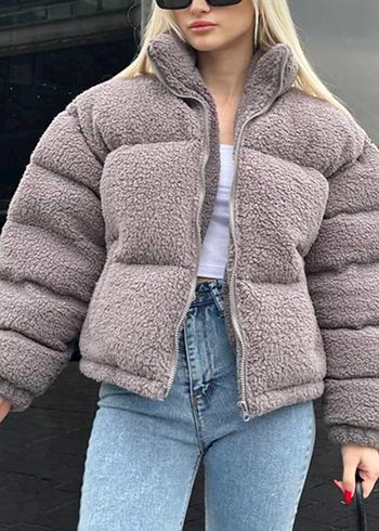 Gri Kadın Peluş Kışlık Mont - Görsel 2