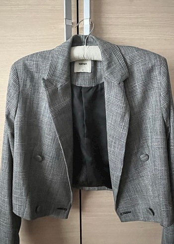 Gri Kareli Düğmeli Midi Blazer - Görsel 6