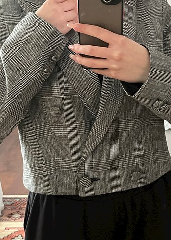Gri Kareli Düğmeli Midi Blazer - Görsel 5