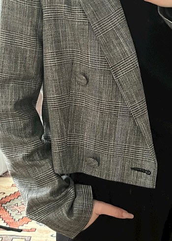 Gri Kareli Düğmeli Midi Blazer - Görsel 4