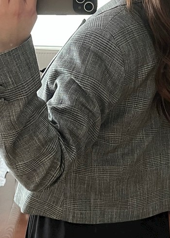 Gri Kareli Düğmeli Midi Blazer - Görsel 3