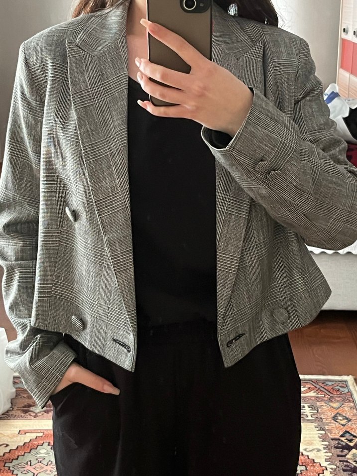 Gri Kareli Düğmeli Midi Blazer - Görsel 2