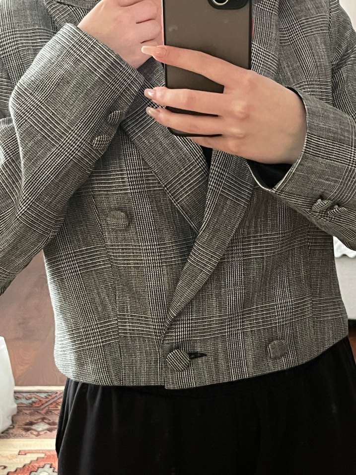 Gri Kareli Düğmeli Midi Blazer - Görsel 5