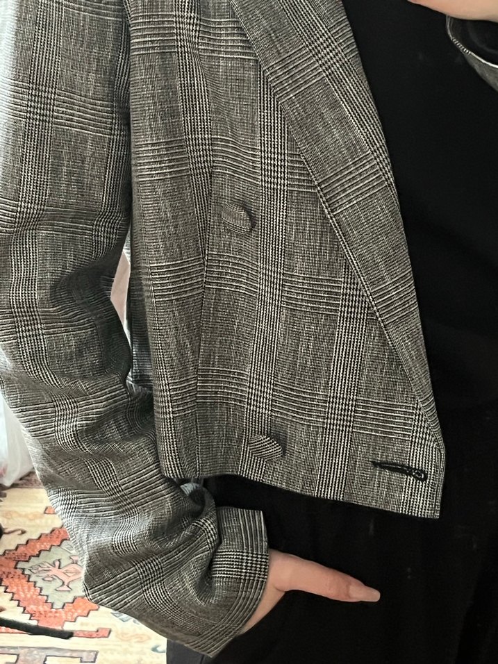 Gri Kareli Düğmeli Midi Blazer - Görsel 4