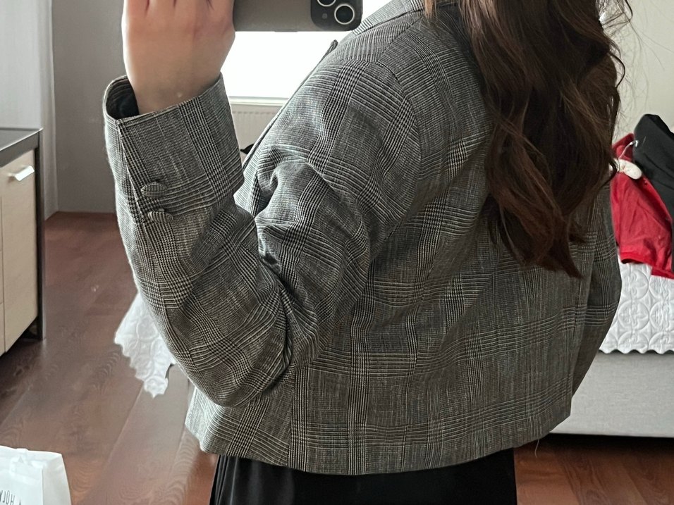 Gri Kareli Düğmeli Midi Blazer - Görsel 3