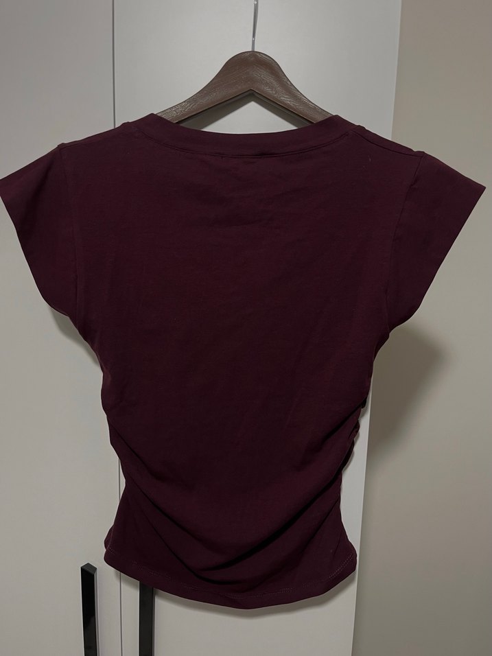 Bordo V Yaka Keten Tişört - Görsel 2