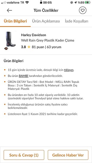 38 Beden siyah Renk Harley Davidson Yağmur Çizmesi