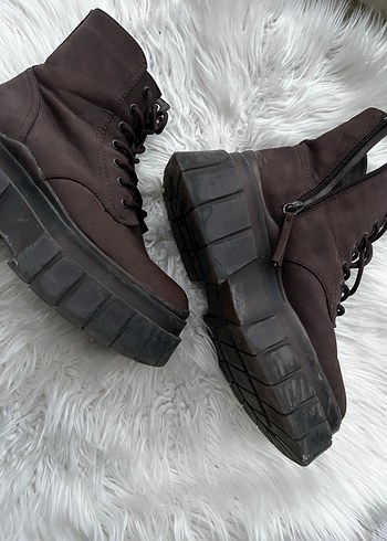 Kahverengi Deri Platform Topuklu Bağcıklı Bot - Görsel 5