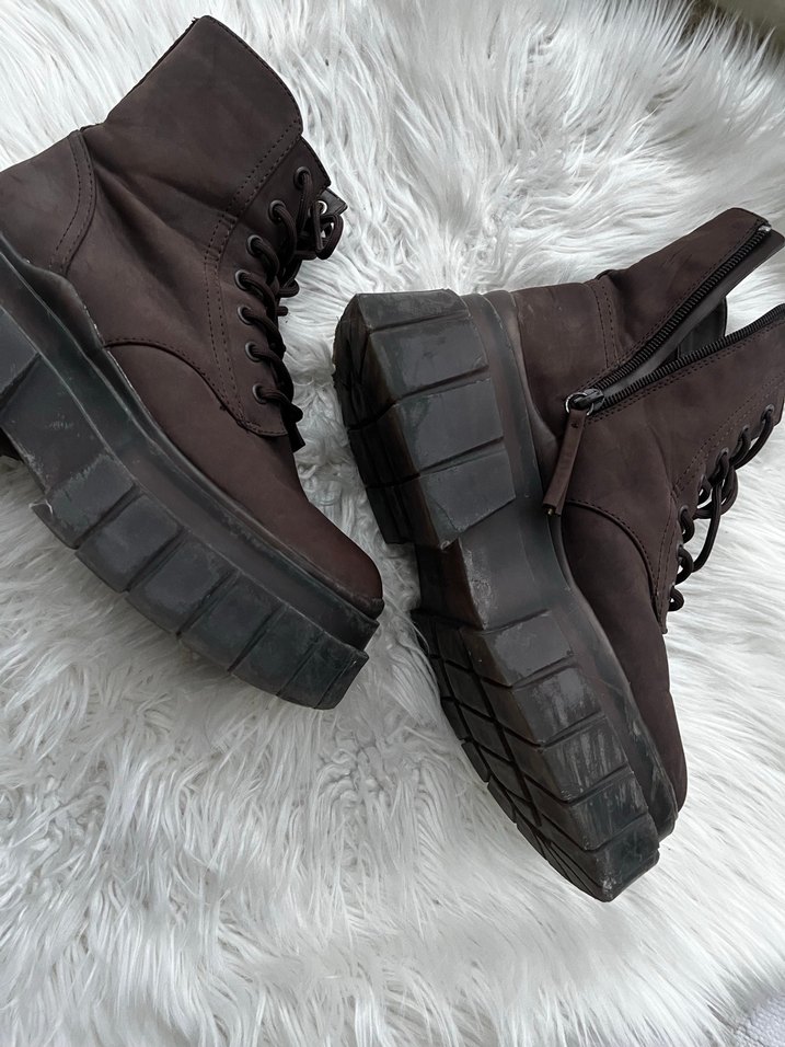 Kahverengi Deri Platform Topuklu Bağcıklı Bot - Görsel 5