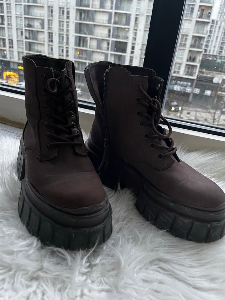 Kahverengi Deri Platform Topuklu Bağcıklı Bot - Görsel 4