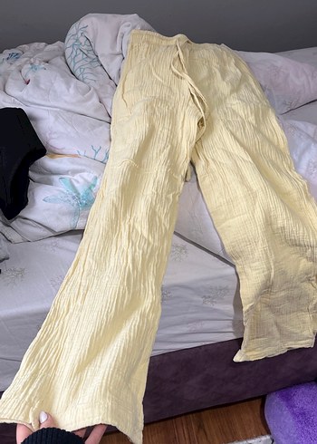 Sarı Pilili Midi Keten Kadın Pantolon - Görsel 2