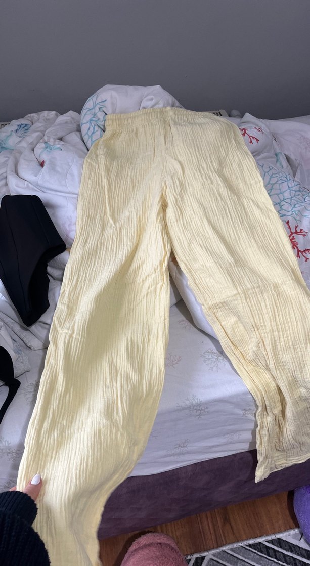 Sarı Pilili Midi Keten Kadın Pantolon - Görsel 3