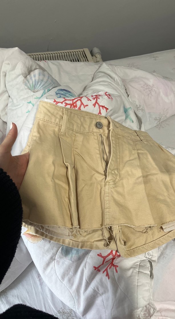 Bej Keten Mini Şort Pilili Rahat Kesim - Görsel 2