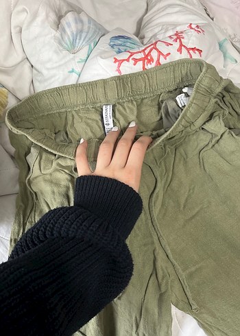 Düğmeli Gri Yeşil Keten Rahat Kadın Pantolon - Görsel 2