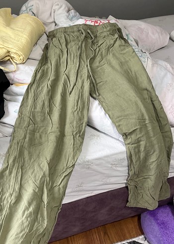 Düğmeli Gri Yeşil Keten Rahat Kadın Pantolon - Görsel 3