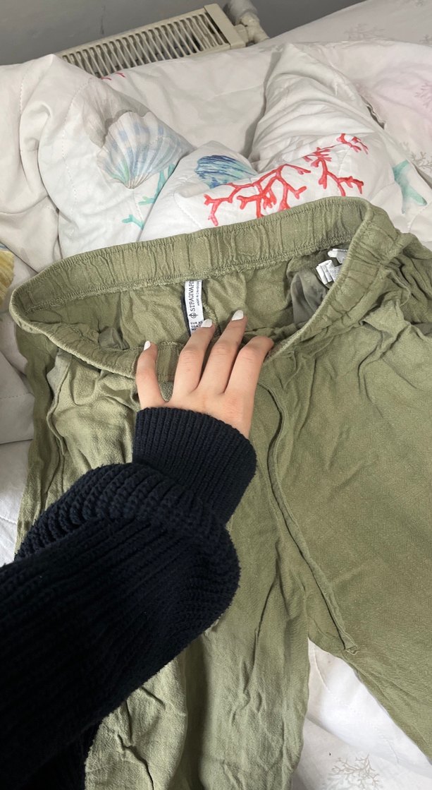 Düğmeli Gri Yeşil Keten Rahat Kadın Pantolon - Görsel 2