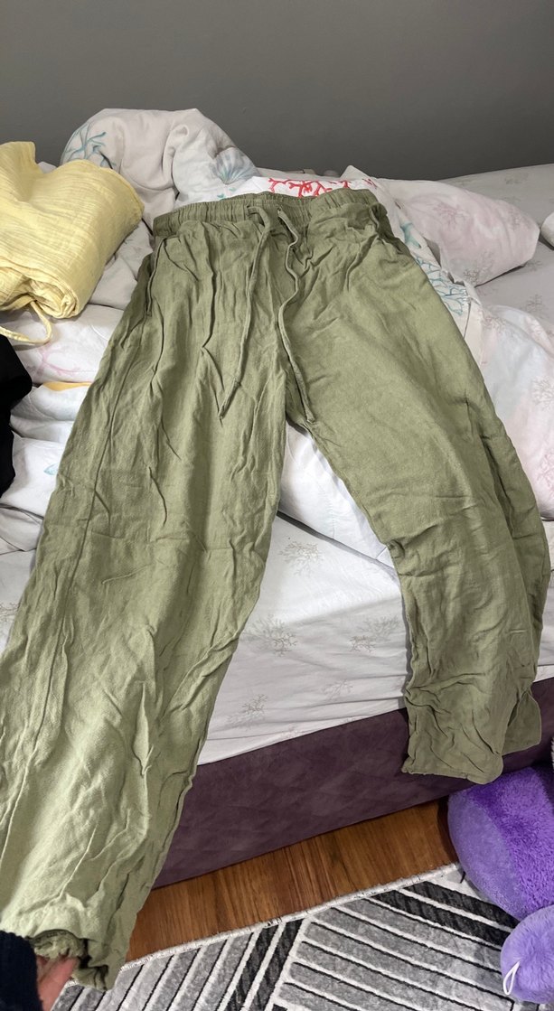 Düğmeli Gri Yeşil Keten Rahat Kadın Pantolon - Görsel 3