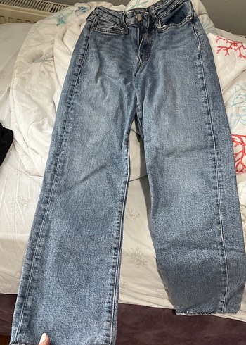 Düğmeli Gri Mavi Bol Kesim Kadın Kot Pantolon - Görsel 3