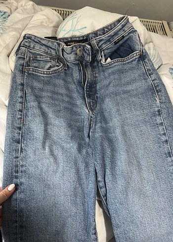 Düğmeli Gri Mavi Bol Kesim Kadın Kot Pantolon - Görsel 2