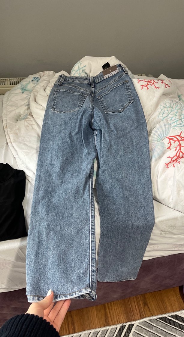 Düğmeli Gri Mavi Bol Kesim Kadın Kot Pantolon - Görsel 4