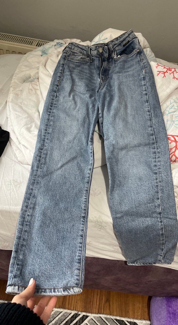 Düğmeli Gri Mavi Bol Kesim Kadın Kot Pantolon - Görsel 3