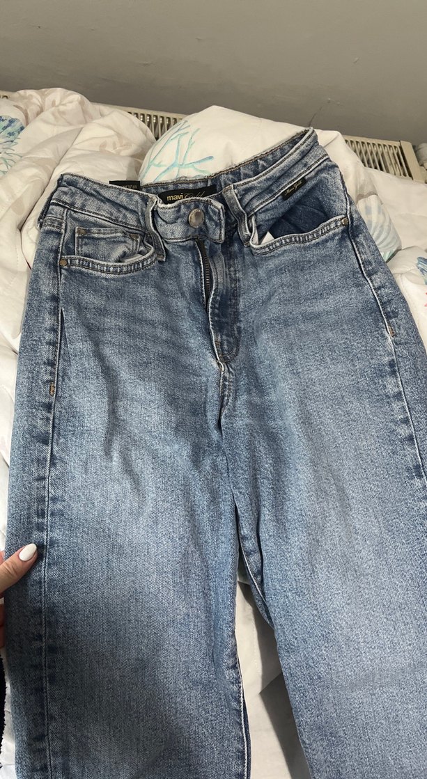 Düğmeli Gri Mavi Bol Kesim Kadın Kot Pantolon - Görsel 2