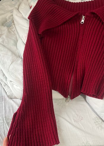 Bordo Fitilli Örgü Kadın Triko - Görsel 2