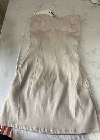 Bej Keten Midi Straplez Elbise - Görsel 2