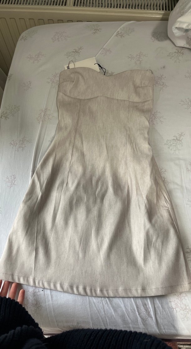 Bej Keten Midi Straplez Elbise - Görsel 2