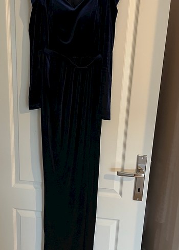 Lacivert Kadife Drapeli Uzun Abiye Elbise - Görsel 4
