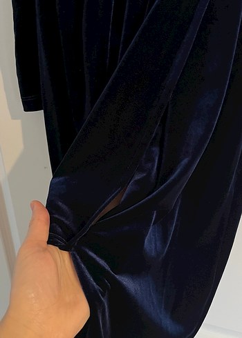 Lacivert Kadife Drapeli Uzun Abiye Elbise - Görsel 3
