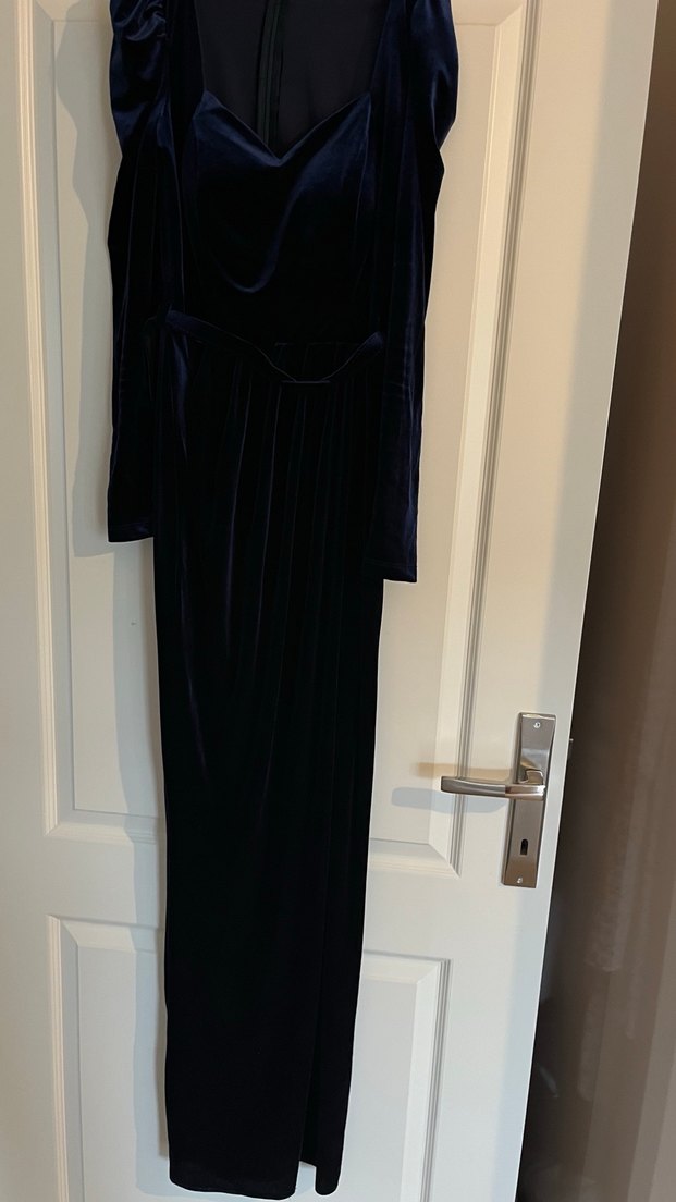 Lacivert Kadife Drapeli Uzun Abiye Elbise - Görsel 4