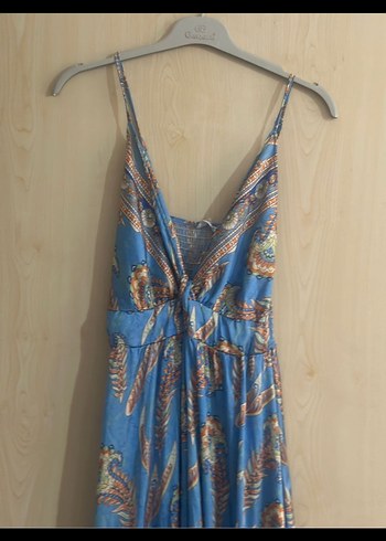 Mavi Bağcıklı çiçekli Uzun saten  Elbise - Görsel 2