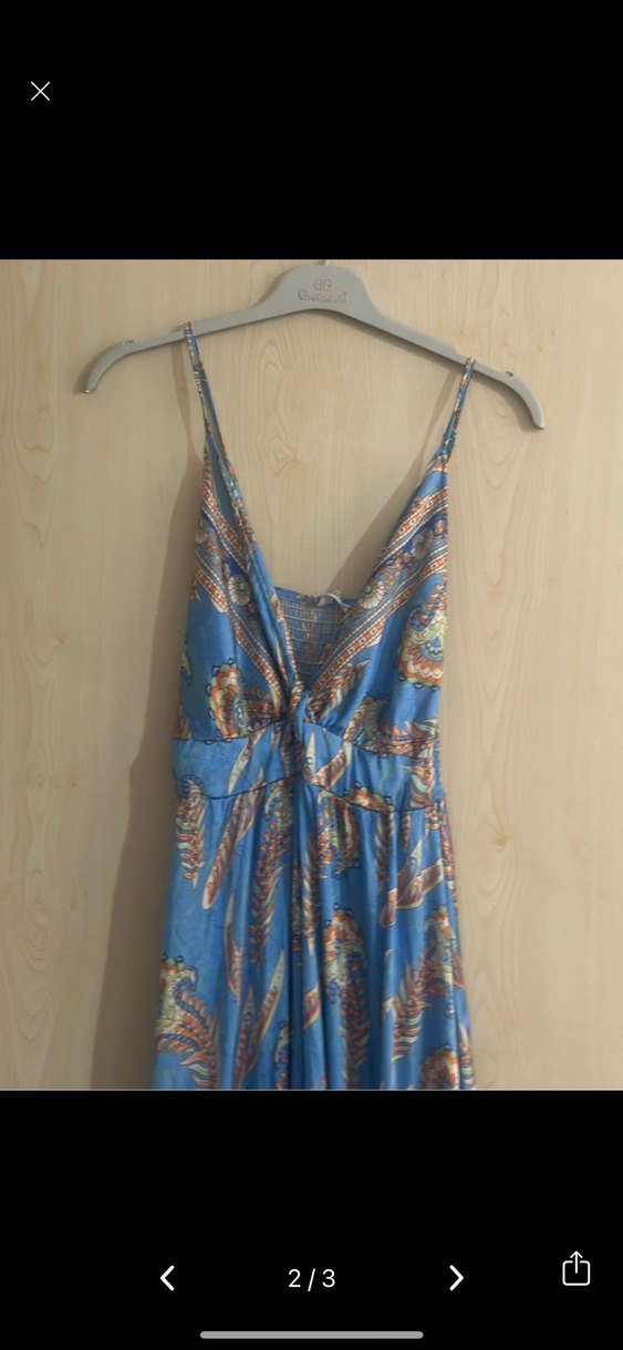 Mavi Bağcıklı çiçekli Uzun saten  Elbise - Görsel 2