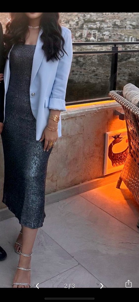 Gri pullu  midi boy Askılı Elbise slim - Görsel 2