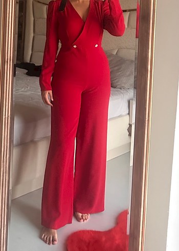 Kırmızı Uzun Kollu Kadın Tulum - Görsel 3