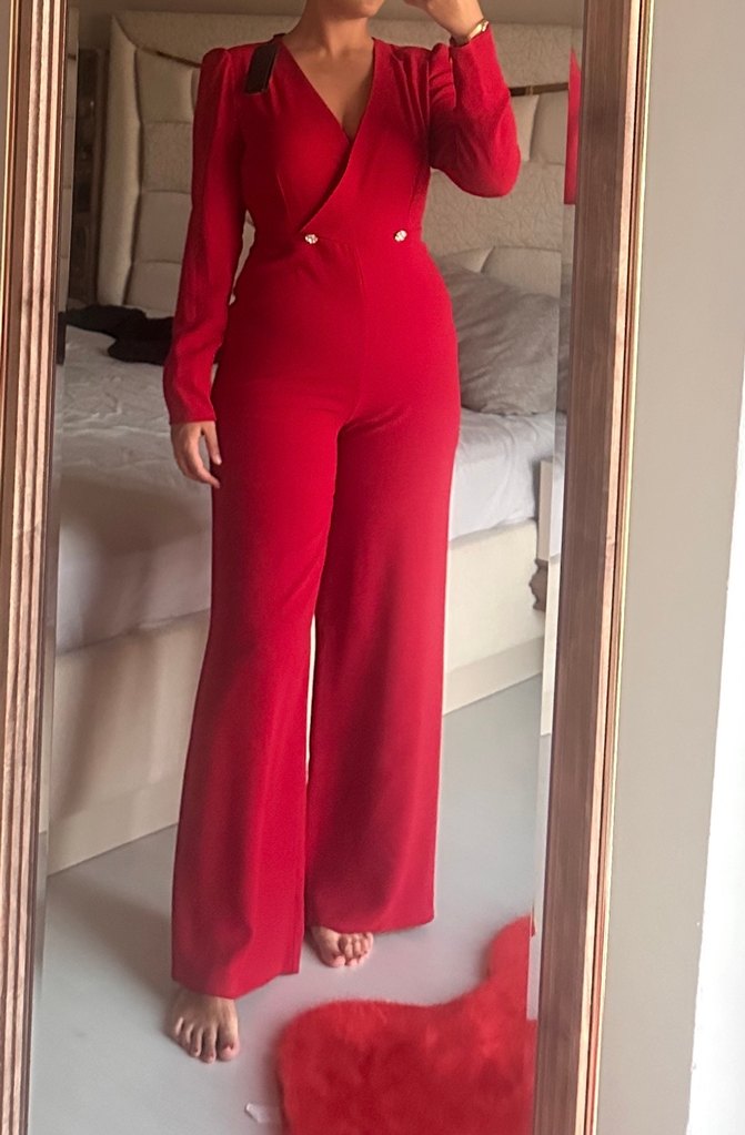 Kırmızı Uzun Kollu Kadın Tulum - Görsel 3