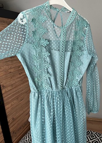 Mavi Dantel Detaylı Bohem Uzun Elbise - Görsel 2