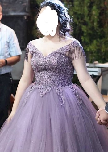 Mor Dantel Detaylı Uzun Gelinlik - Görsel 2