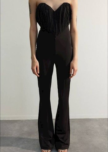 Kadın Siyah Straplez Uzun Tulum - Görsel 3