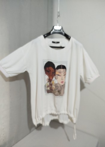 Beyaz Baskılı Kısa Kollu Kadın Tişört - Görsel 8