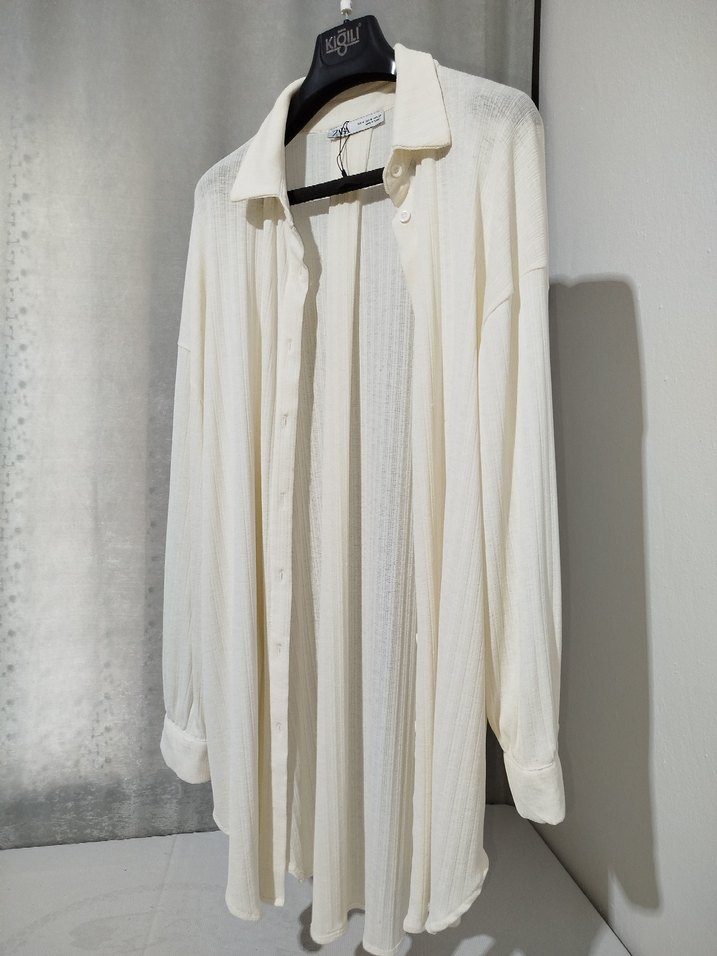 Beyaz Pilili Uzun Kollu Keten Gömlek - Görsel 2