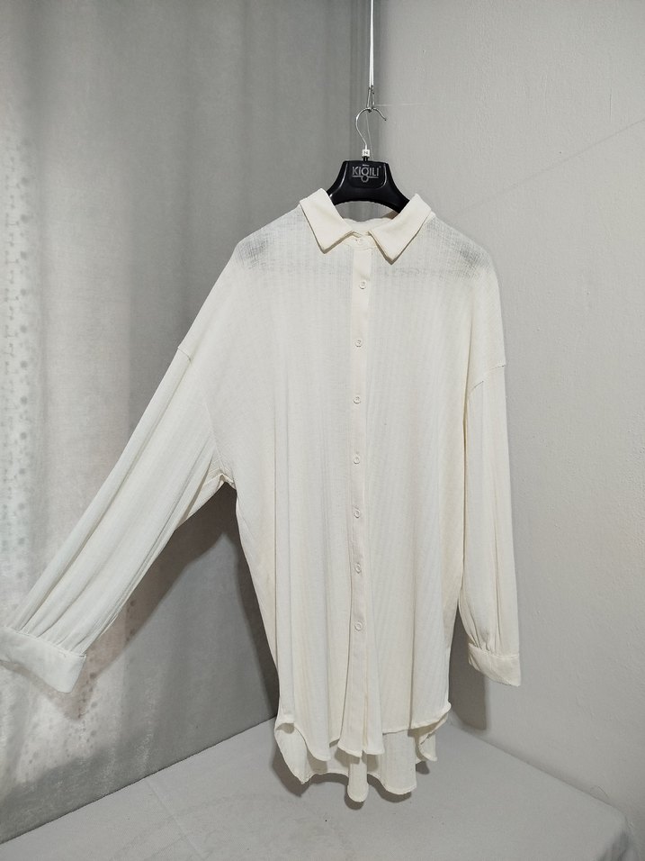 Beyaz Pilili Uzun Kollu Keten Gömlek - Görsel 5