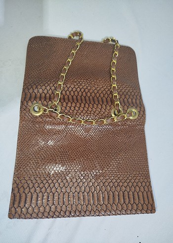 Zincir Detaylı Kahverengi Yılan Desenli Deri Çanta - Görsel 4
