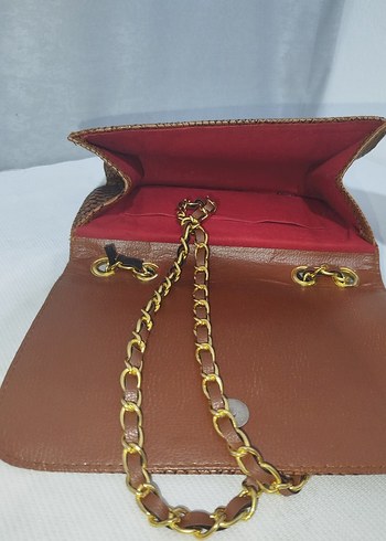 Zincir Detaylı Kahverengi Yılan Desenli Deri Çanta - Görsel 10