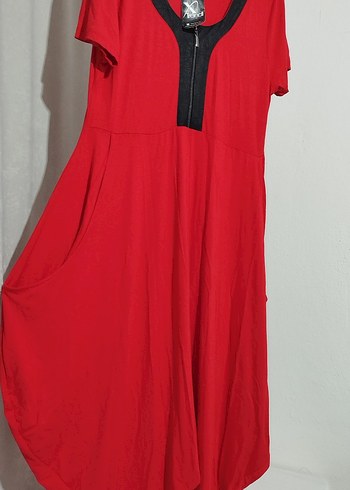 Kırmızı V Yakalı Fermuarlı Maxi Elbise - Görsel 2