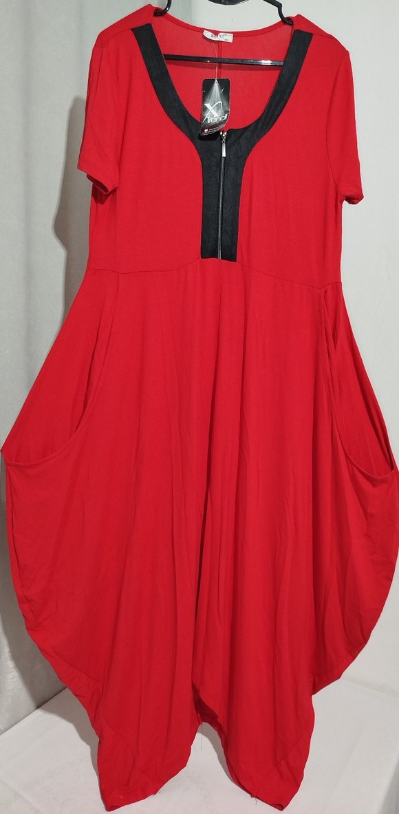 Kırmızı V Yakalı Fermuarlı Maxi Elbise - Görsel 5