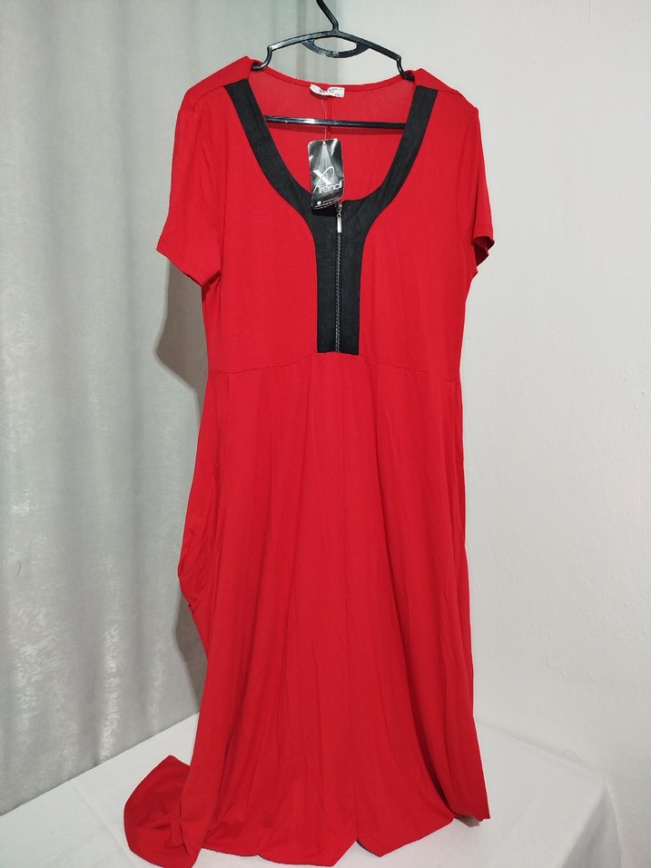 Kırmızı V Yakalı Fermuarlı Maxi Elbise - Görsel 3