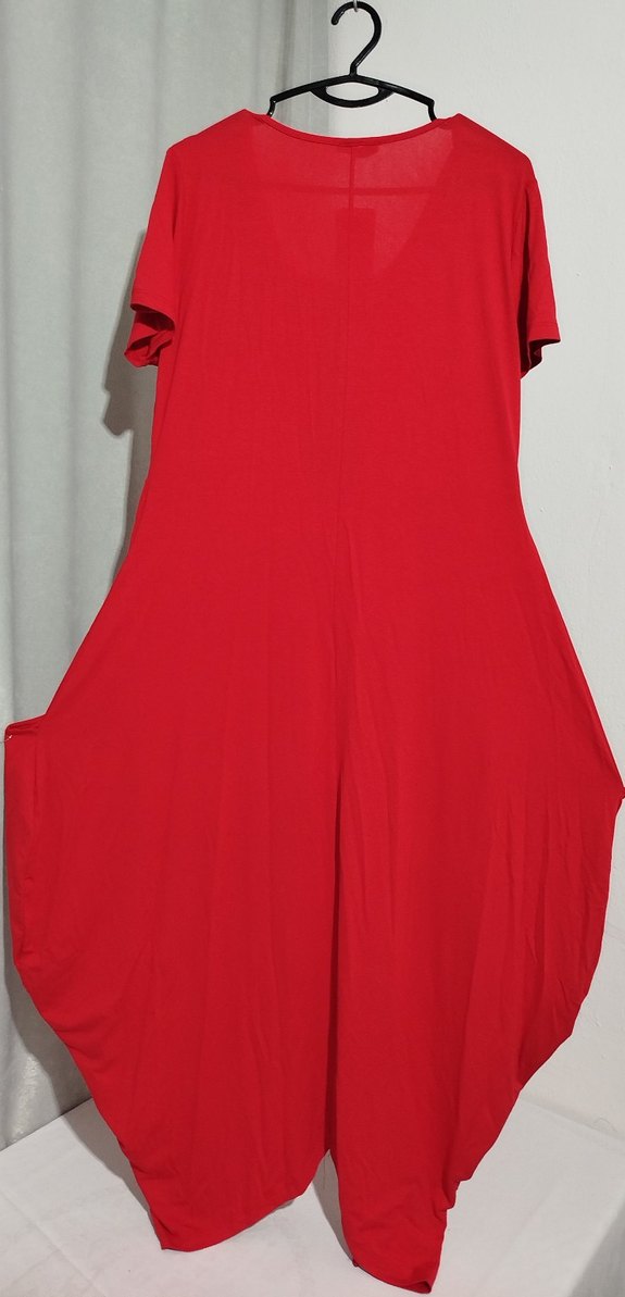 Kırmızı V Yakalı Fermuarlı Maxi Elbise - Görsel 4